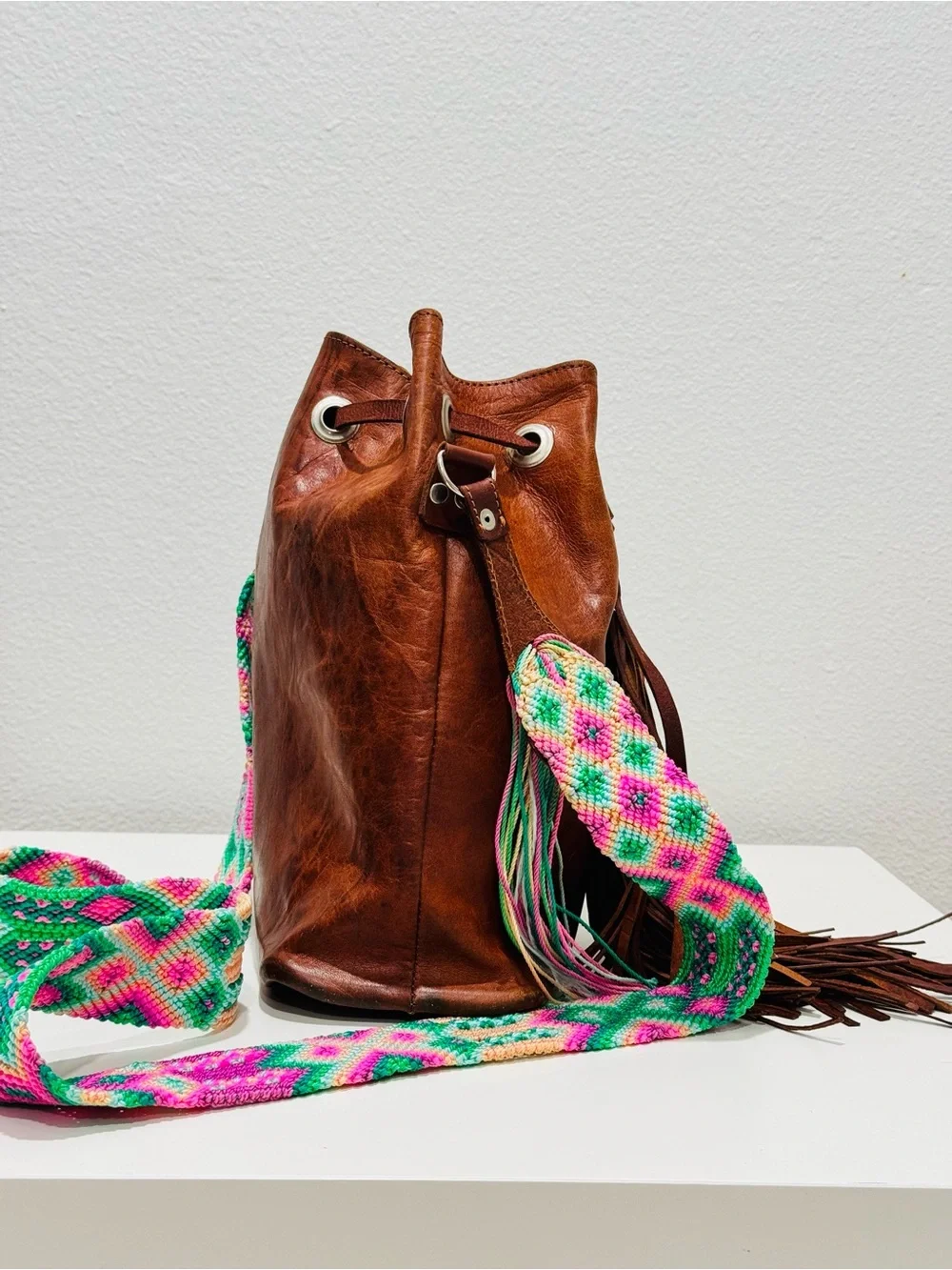 Vintage dark brown bohemian hippie leather bucket with macrame braided strap